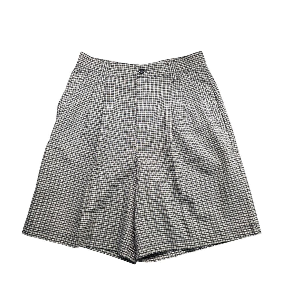 Seasons Petite Womens Pleated Plaid Shorts Black White High Waist